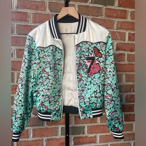 Maje Bert Satin Bomber Jacket, Floral and Butterflies. US Size Small